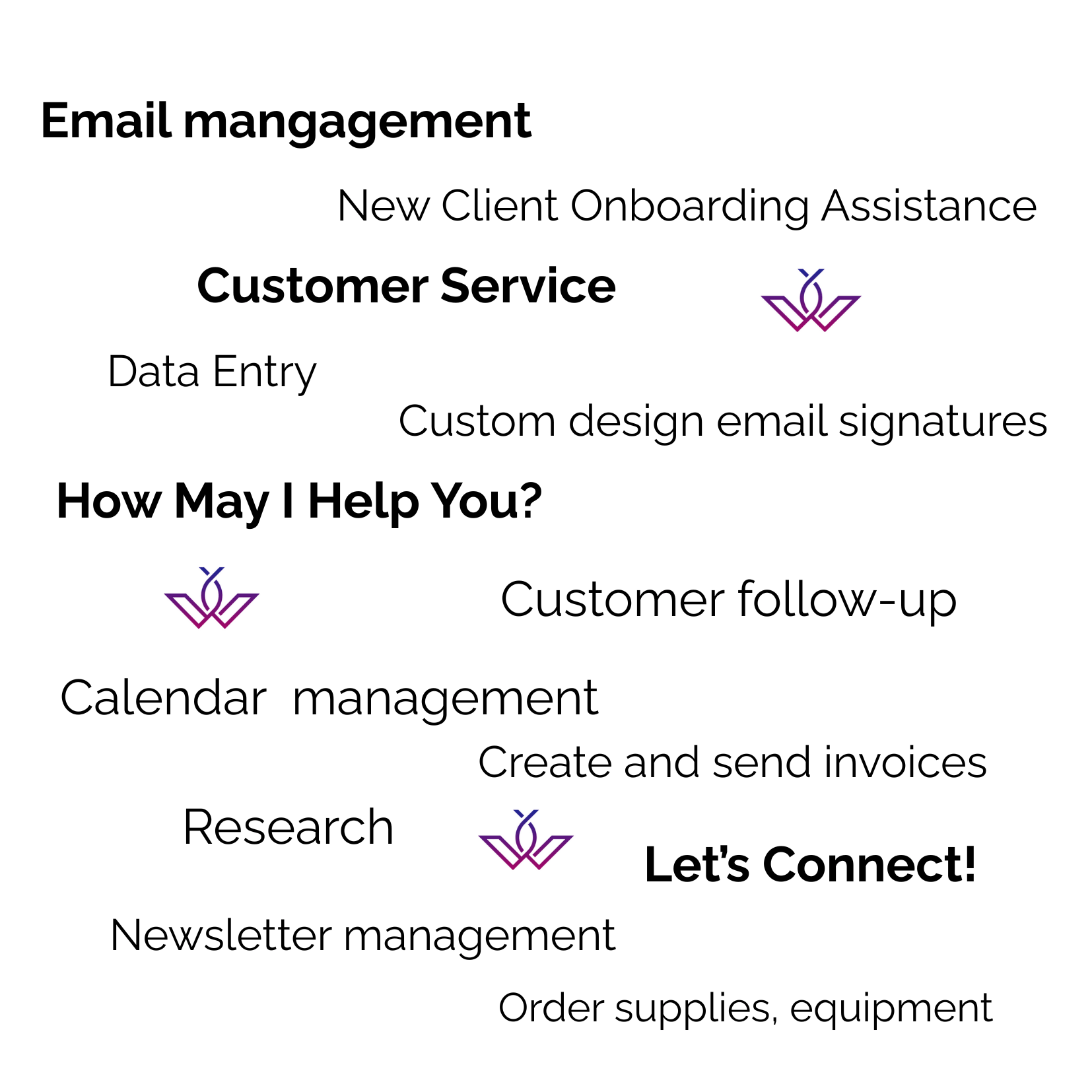 Graphic outlining various administrative services offered, including email management, customer service, calendar management, and research support.